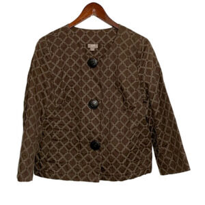 J Jill Crop Blazer Jacket Embroidered Circles 3/4 Sleeves Size Small Brown